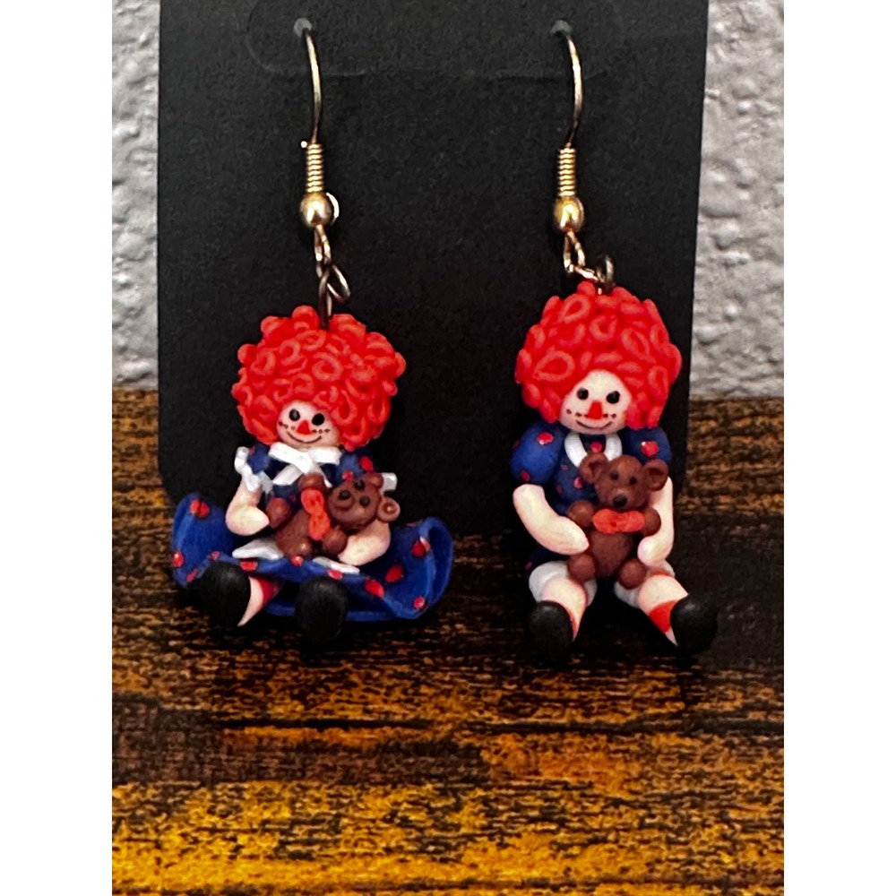 Raggedy Ann and Andy Dolls Clay Drop Earrings Red Hair Blue Polka Dot Teddy Bear